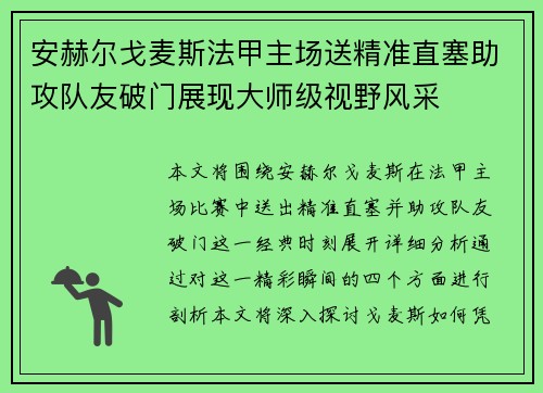 安赫尔戈麦斯法甲主场送精准直塞助攻队友破门展现大师级视野风采